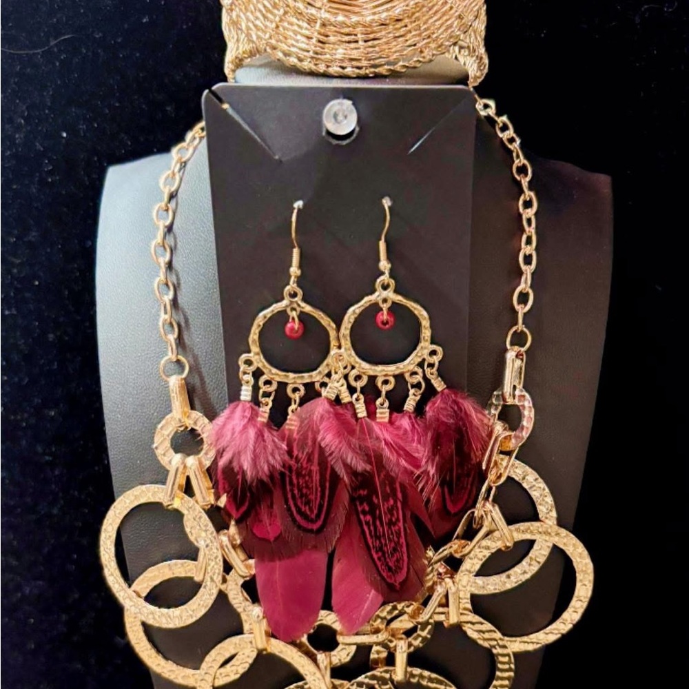 Gold and Red Abstract Necklace with Tassels